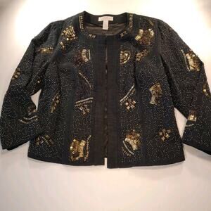 Chicos Evening Beaded Sequins Embellished Black Jacket Cardigan Sz 1